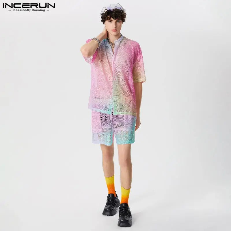 INCERUN 2024 American Style Fashion Sets Mens Long Sleeved Shirts Shorts Summer Male Lace Gradient Printing Two-piece Sets S-5XL