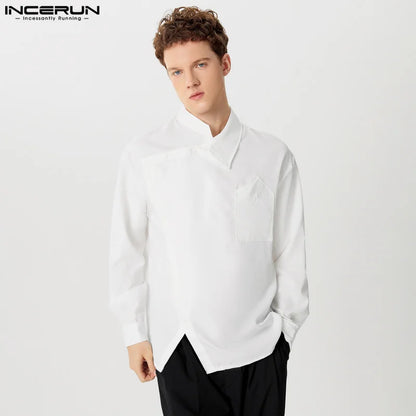 Casual Simple Style Tops INCERUN New Mens Diagonal Placket Solid Simple All-matcg Blouse Handsome Male Long Sleeved Shirts S-5XL