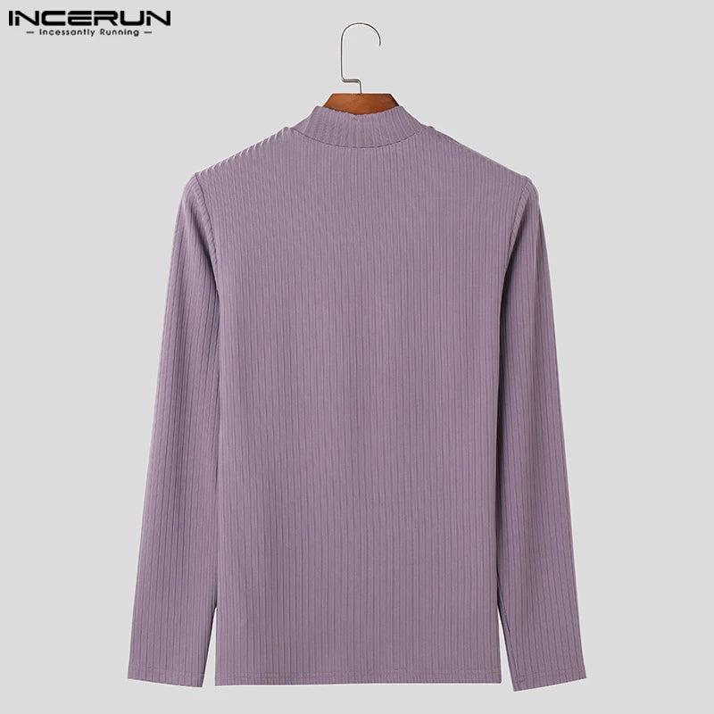 INCERUN Tops 2023 Korean Style New Mens All-match Simple Knitting T-shirts Casual Fashion Male Solid Long Sleeved Camiseta S-5XL