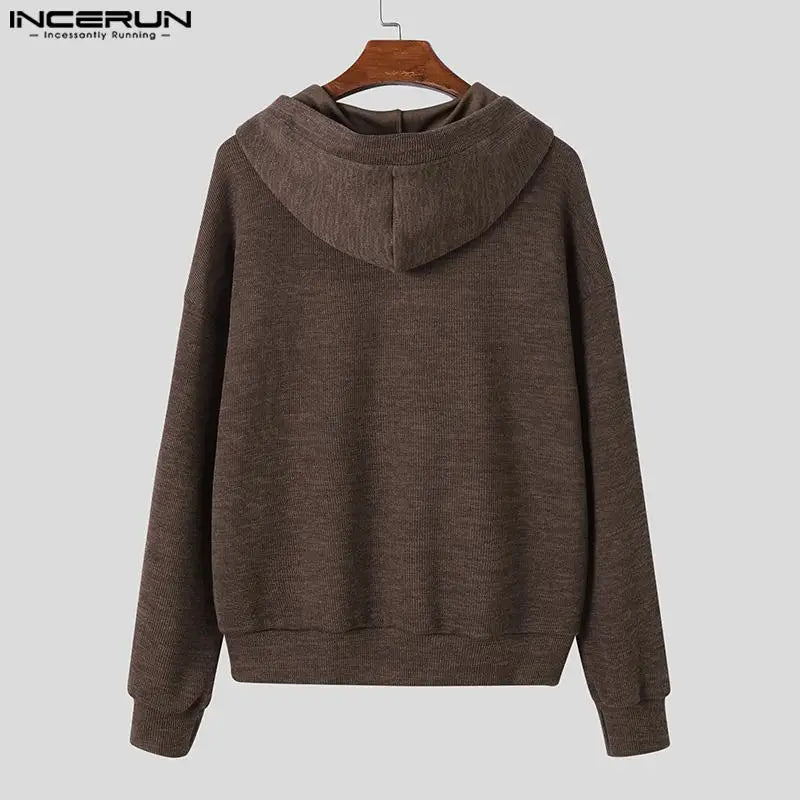 INCERUN Tops 2023 Korean Style Men Hooded Pit Knitted Sweater Casual Streetwear Male Double Head Zipper Long Sleeve Hoodie S-5XL