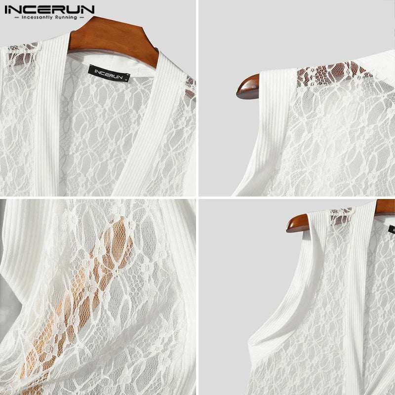 INCERUN Tops 2024 American Style Mens Summer Fashion Cropped Lace Mesh Patchwork Vests Sexy Male Thin Sleeveless Tank Tops S-5XL