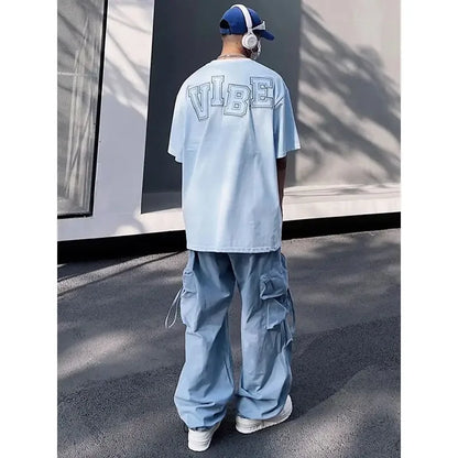 HOUZHOU Y2K Cargohose für Herren Hip Hop Harajuku Fallschirm-Cargohose Männlich Blau Japanisch Locker Lässig Streetwear Hip Hop