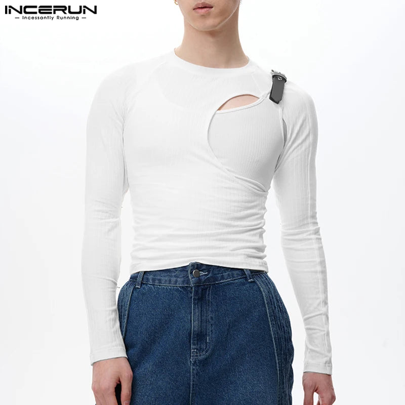 Stylish Hot Selling Tops INCERUN New Men Metal Buckle Design T-shirts Casual Male Hollow O-neck Long Sleeved Camiseta S-5XL 2023