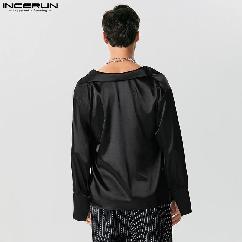 Männer Hemd Einfarbig V-ausschnitt Langarm Satin Männlichen Unregelmäßigen Shirts Lose Streetwear 2023 Mode Casual Camisas S-5XL INCERUN