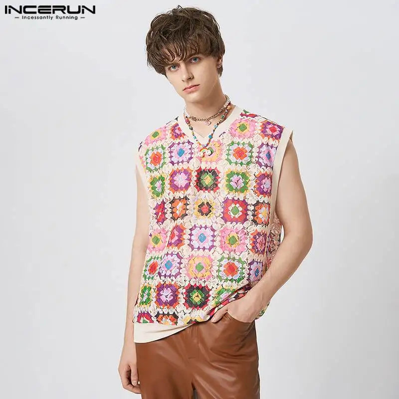 INCERUN 2023 Men Tank Tops Lace V Neck Sleeveless Printing See Through Summer Sexy Vests Streetwear Vacation Casual Men Clothing