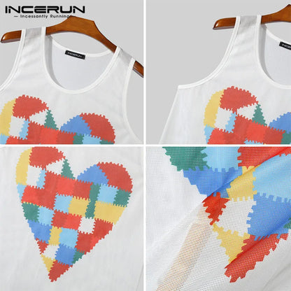 Fashion Well Fitting Tops INCERUN Men's Colorful Heart Pattern Design Vests Casual Hollowed Mesh Sleeveless Tank Tops S-5XL 2024