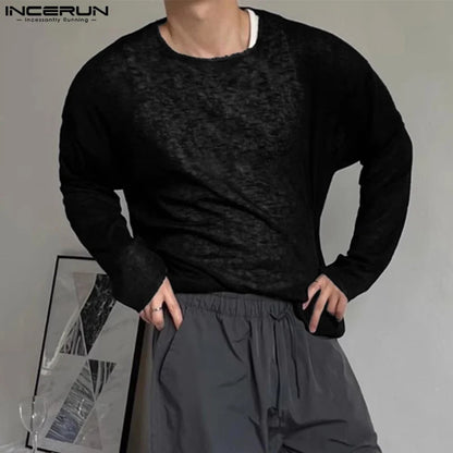 INCERUN Tops 2024 Korean Style Fashion Men's Texture Knitted T-shirt Casual Simple Solid Comfortable Long Sleeved Camiseta S-5XL