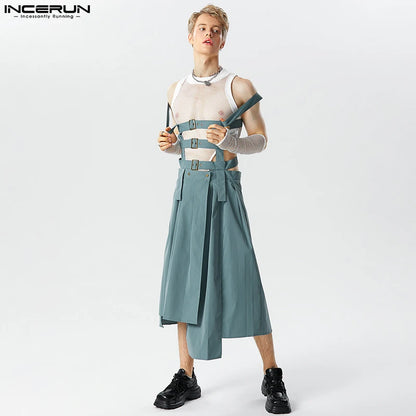 INCERUN 2023 American Style Mens Pleated Design Skirts Pants Casual Street Irregular Hem Solid Straps Half Skirt Jumpsuits S-5XL