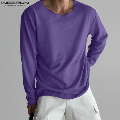 INCERUN Tops 2024 Korean Style Men's Loose Textured O-neck Design T-shirt Summer Casual Simple Solid Long Sleeved Camiseta S-5XL