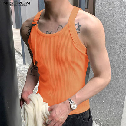 INCERUN Tops 2024 Korean Style Men's Knitted Shoulder Strap Design Vests Summer Streetwear Male Sleeveless Solid Tank Tops S-5XL