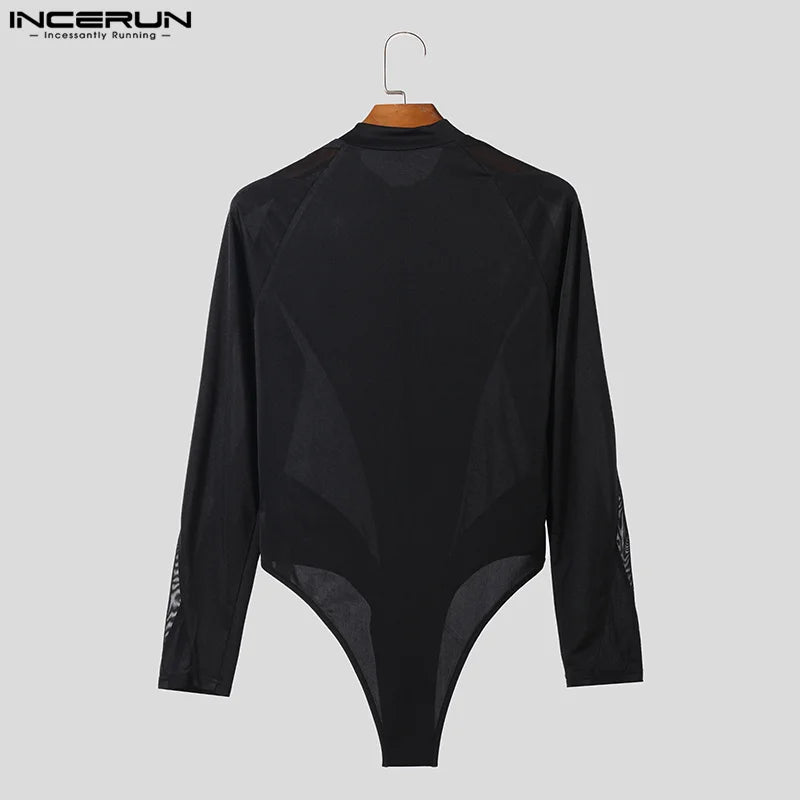 Sexy Fashion Style Jumpsuits INCERUN New Mens Zipper Design Patchwork Mesh Bodysuits Casual Male Long Sleeved Rompers S-3XL 2023