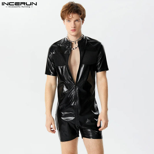 INCERUN 2024 Sexy Men's Fashion Jumpsuits Mesh Patchwork Casual Faux Leather Fabric Rompers Solid Short Sleeved Bodysuits S-3XL