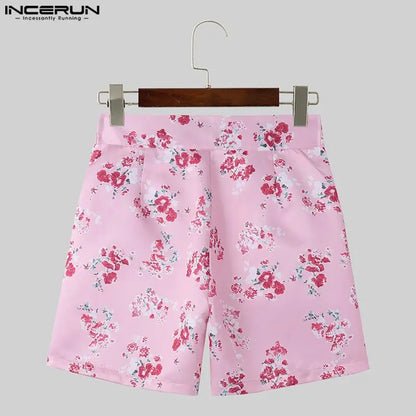 INCERUN 2024 American Style Fashionable Men Lace Up Rose Printed Pattern Shorts Casual Party Shows Male Hot Selling Shorts S-5XL