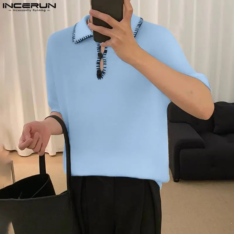 Fashion Well Fitting Tops INCERUN Men Line Design Contrast Color Shirts Summer Casual Male Short Sleeved Lapel Blouse S-5XL 2024