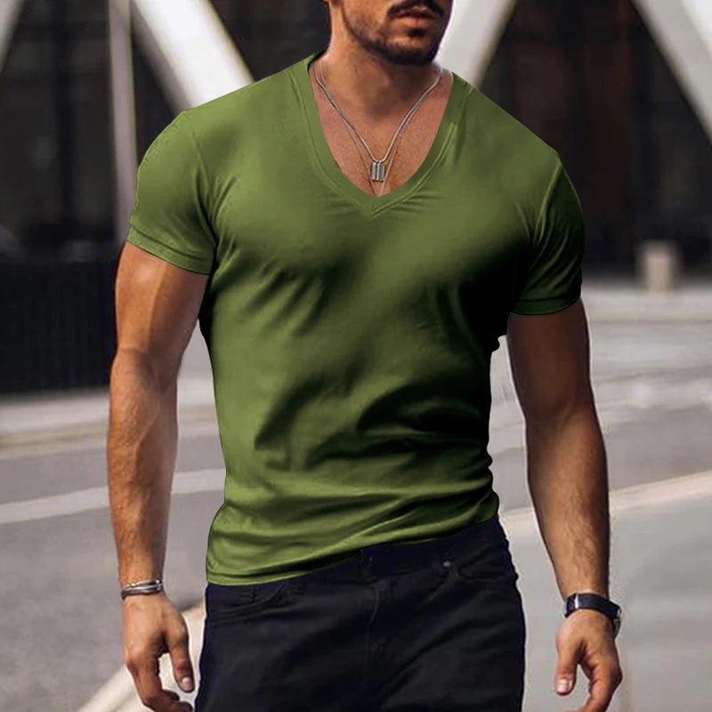 2023 men's T-shirt cross-border clothing European and American foreign trade men's V-neck solid color casual short sleeved T-shi