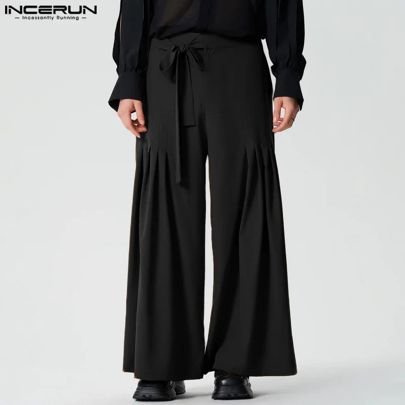 INCERUN 2024 Pantalon de style américain élégant pour hommes, pantalon long plissé à jambes larges, pantalon à bretelles taille haute, vente chaude, S-5XL