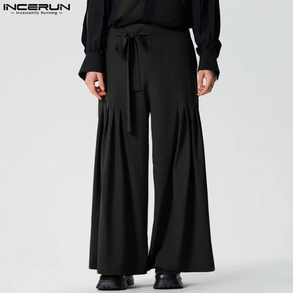 INCERUN 2024 American Style Trousers Stylish Men Pleated Wide Leg Long Pants Male Hot Selling High Waisted Strap Pantalons S-5XL