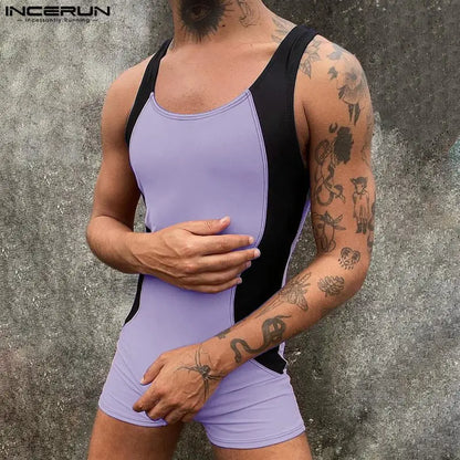 INCERUN 2024 Sexy Style New Men's Homewear Jumpsuits Stylish Contrast Color Rompers Male Personality Sleeveless Bodysuits S-5XL