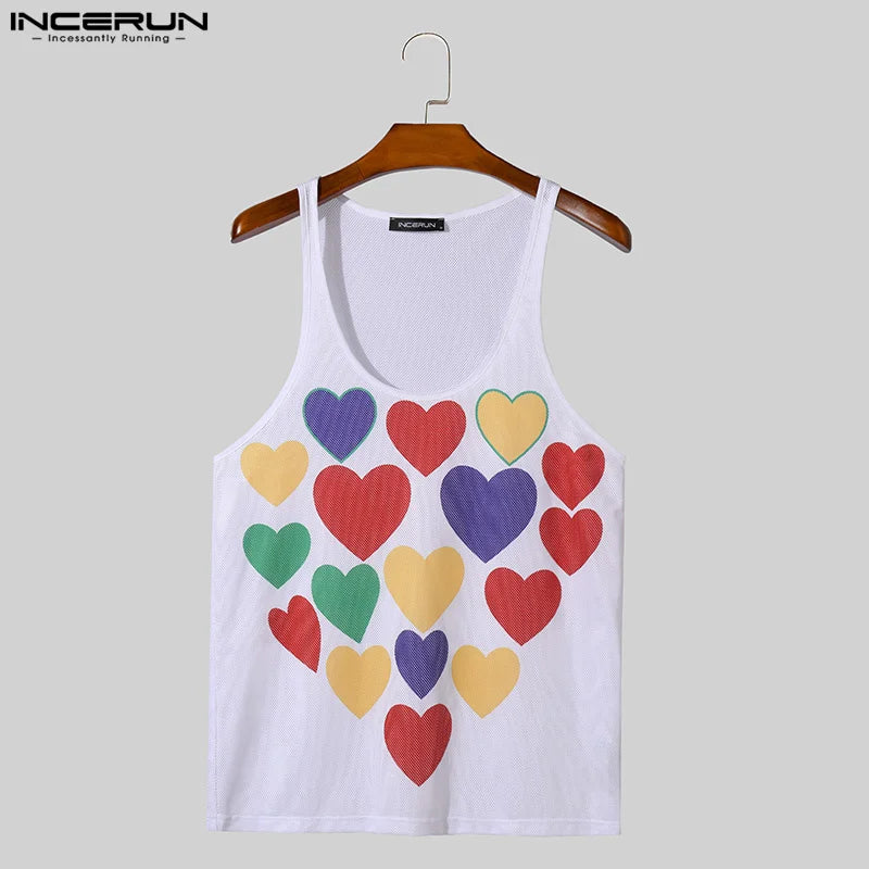 Mode Clubwear Stil Tops INCERUN Männer O-Ausschnitt Bunte Herz Ausgehöhlt Print Tank Tops Streetwear Männliche Persönlichkeit Westen S-5XL