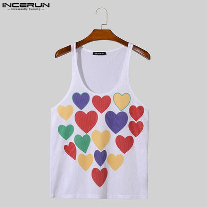 Mode Clubwear Stil Tops INCERUN Männer O-Ausschnitt Bunte Herz Ausgehöhlt Print Tank Tops Streetwear Männliche Persönlichkeit Westen S-5XL