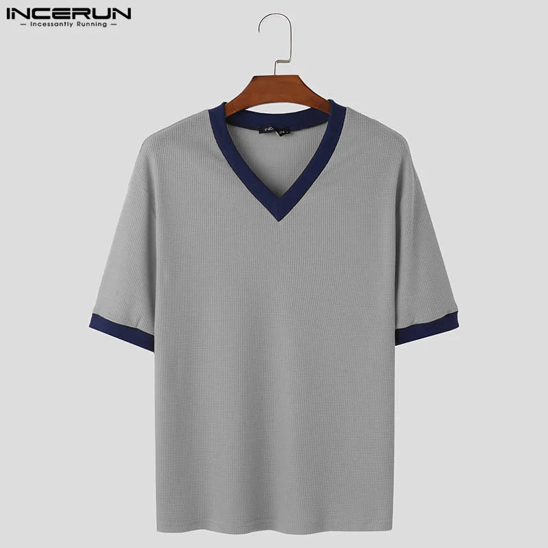 INCERUN Tops 2024 Korean Style Men's V-neck Design T-shirt Casual Streetwear Texture Splicing Color Short Sleeved Camiseta S-5XL