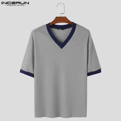 INCERUN Tops 2024 Korean Style Men's V-neck Design T-shirt Casual Streetwear Texture Splicing Color Short Sleeved Camiseta S-5XL