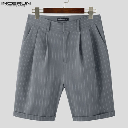 INCERUN 2023 Korean Style Men's Striped Business All-match Shorts Casual Streetwear Male Comfortable Straight Split Shorts S-5XL