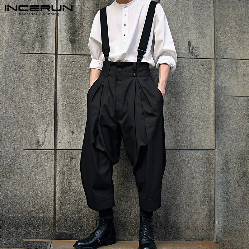 INCERUN Men Jumpsuits Solid Color Loose Joggers Casual Straps Rompers Men Streetwear 2023 Fashion Leisure Overalls Pants S-5XL