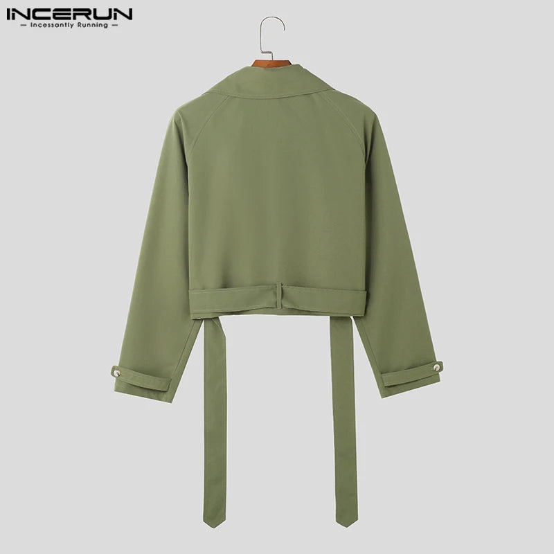 INCERUN Tops 2023 Amerikanischen Stil Hübsche Neue Männer Solide Cropped Tie Up Design Jacke Casual Männlichen Revers Trenchcoat Mäntel S-5XL