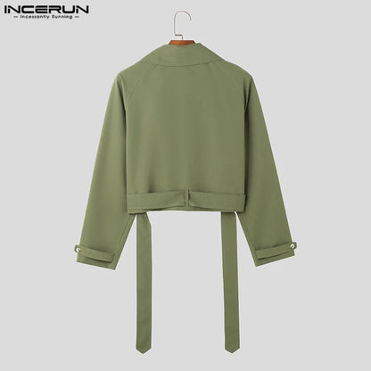 INCERUN Tops 2023 American Style Handsome New Men Solid Cropped Tie Up Design Jacket Casual Male Lapel Trench Jacket Coats S-5XL