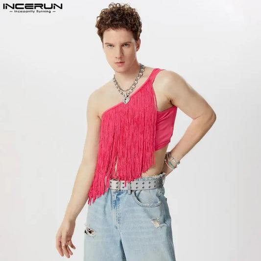 Party Nightclub Style Tops INCERUN Men Sexy Sloping Shoulder Tassel Cropped Vests Stylish Clubwear Hot Sale Thin Tank Tops S-5XL