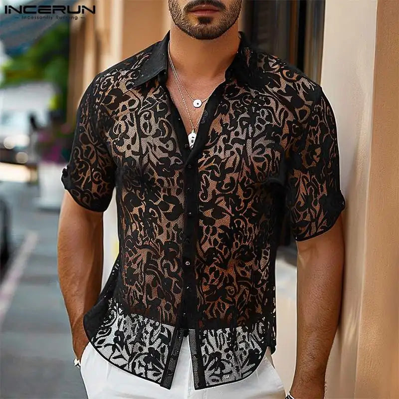 INCERUN Tops 2024 American Style Fashion Men Perspective Lace Fabric Shirts Casual Clubwear Male Thin Short Sleeved Blouse S-5XL