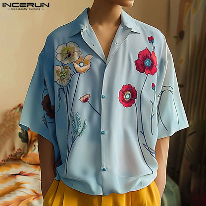 INCERUN Tops 2024 American Style Fashion Men's Floral Print Design Shirt Casual Streetwear Simple Lapel Half Sleeve Blouse S-5XL