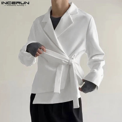 INCERUN Tops 2024 Korean Style New Mens Fashion Lace Up Design Cardigan Shirts Casual Simple All-match Long Sleeved Blouse S-5XL