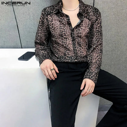 INCERUN Tops 2024 Korean Style Fashion New Men's Perspective Leopard Print Shirts Casual Clubwear Male Long Sleeved Blouse S-5XL