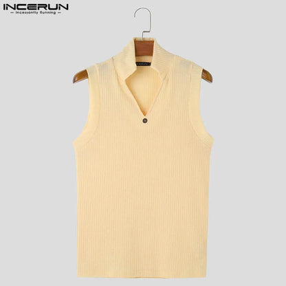 Handsome Well Fitting Tops INCERUN 2024 Mens Summer Hot Selling Knitted Stand Neck Vests Casual Streetwear Solid Tank Tops S-5XL