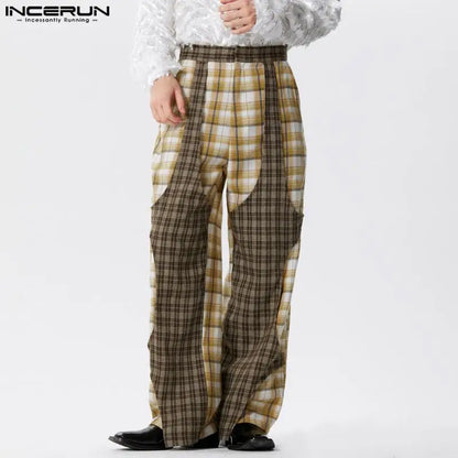 INCERUN 2024 American Style Trousers New Men Plaid Patchwork Long Pants Fashion Elegant Male Hot Sale Streetwear Pantalons S-5XL