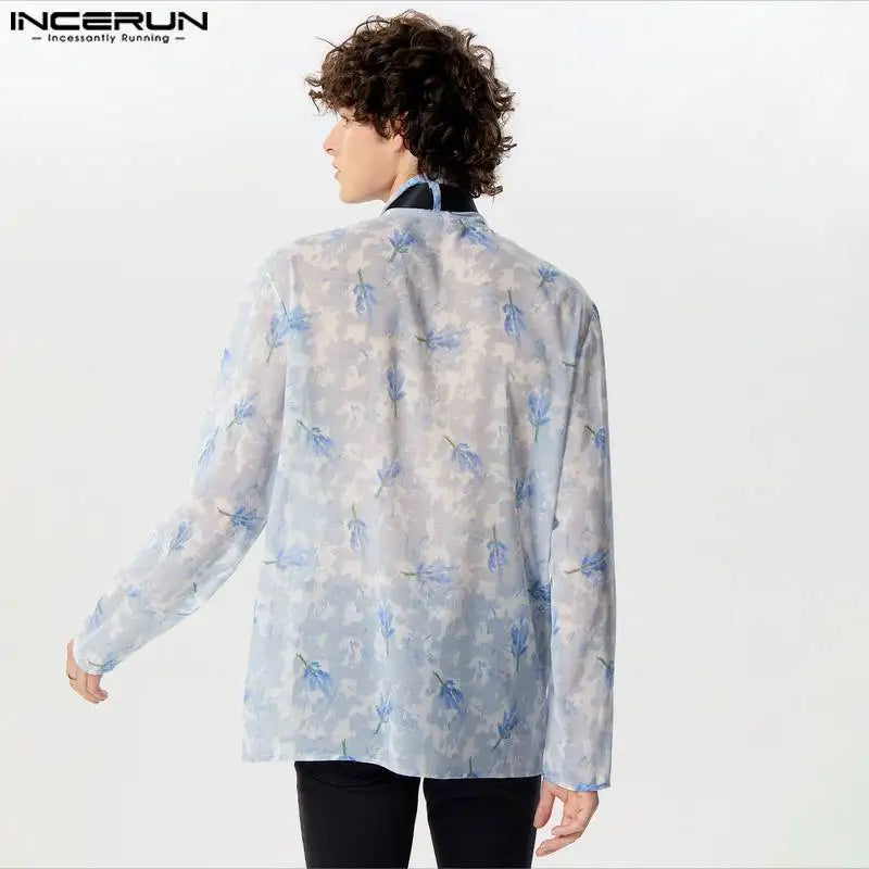 INCERUN Tops 2024 Style américain Hommes Imprimé Mousseline de Soie Légèrement Transparent Chemises Décontractées Streetwear Homme Chemisier À Manches Longues S-5XL