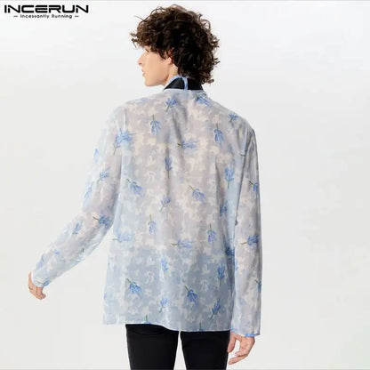 INCERUN Tops 2024 American Style Mens Print Chiffon Slightly Transparent Shirts Casual Streetwear Male Long Sleeved Blouse S-5XL