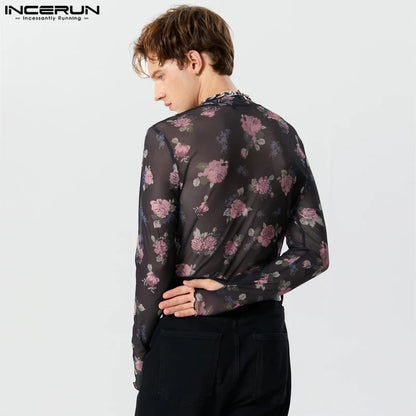 INCERUN Tops 2023 American Style Mens Printed Half High Collar See-through Mesh T-shirts Casual Thin Long Sleeved Camiseta S-5XL