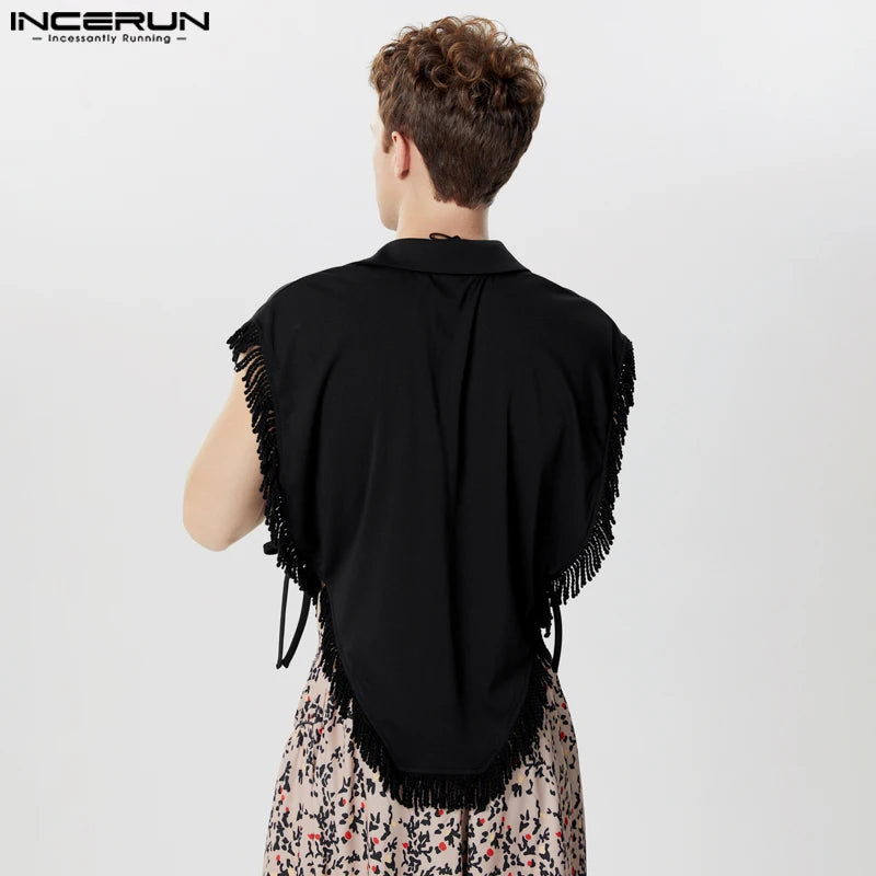 2024 männer Unregelmäßigen Westen Quaste Patchwork Revers Ärmellose Eine Taste Westen Lace Up Streetwear Fashion Casual Westen INCERUN