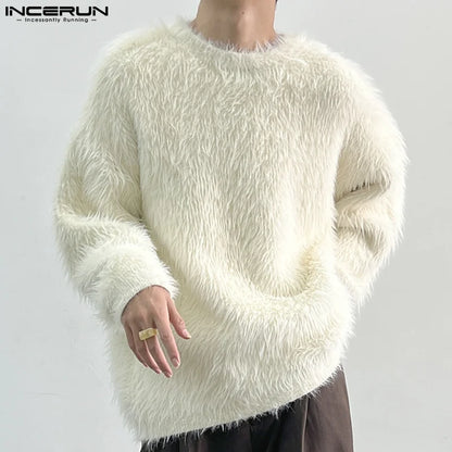 INCERUN Tops 2024 Korean Style Handsome Mens Loose Faux Plush Fabric Pullover Casual Streetwear Solid Long Sleeved Sweater S-5XL