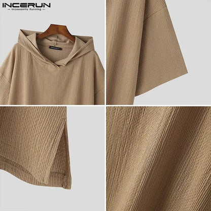 INCERUN Tops 2024 American Style Men's Fashion Texture Solid Hooded T-shirts Casual Streetwear Loose Half Sleeved Camiseta S-5XL