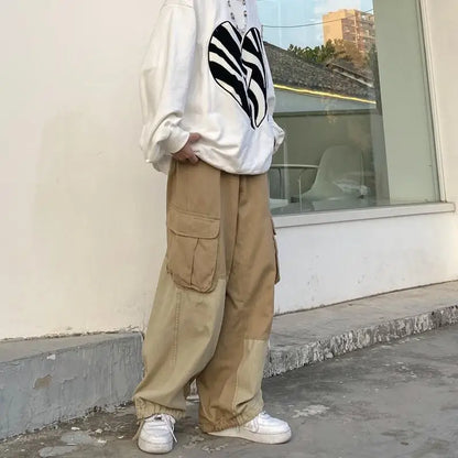 HOUZHOU Baggy Black Cargo Pants for Men Khaki Cargo Trousers Male Vintage Loose Casual Autumn Japanese Streetwear Hip Hop Retro