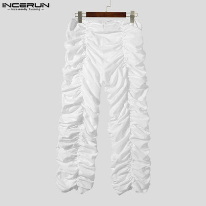 INCERUN 2023 American Style Men's Pantalons Fashion Drawstring Design Trousers Casual Streetwear Solid Pleated Long Pants S-5XL