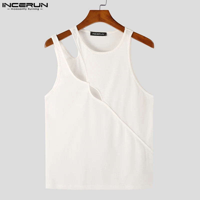 INCERUN Tops 2023 American Style New Men's Irregular Hollow Solid Tight Knit Tank Tops Casual Simple Male Sleeveless Vests S-5XL