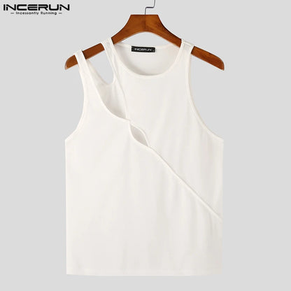 INCERUN Tops 2023 American Style New Men's Irregular Hollow Solid Tight Knit Tank Tops Casual Simple Male Sleeveless Vests S-5XL