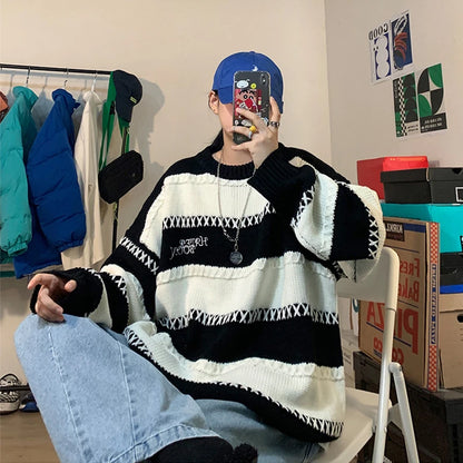 HOUZHOU Patchwork Striped Men's Knitted Sweater Blue Pullovers Punk Black Sweaters Male Oversize Korean Streetwear Hip Hop