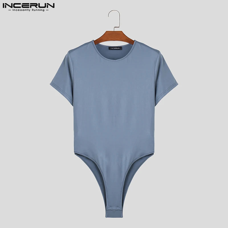 INCERUN 2023 Sexy Style New Men Jumpsuits Short Sleeved Solid Comfortable Bodysuits Fashion O-neck Design Triangle Rompers S-5XL