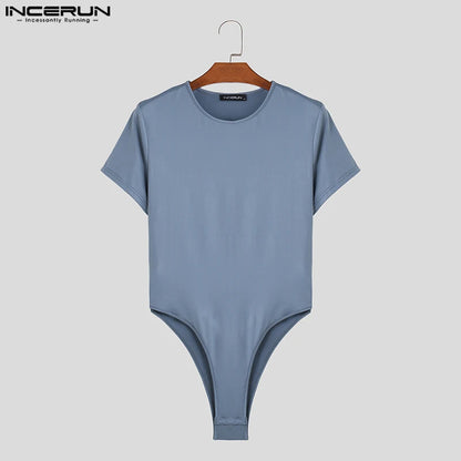 INCERUN 2023 Sexy Stil Neue Männer Overalls Kurzarm Solide Komfortable Bodys Mode Oansatz Design Dreieck Strampler S-5XL